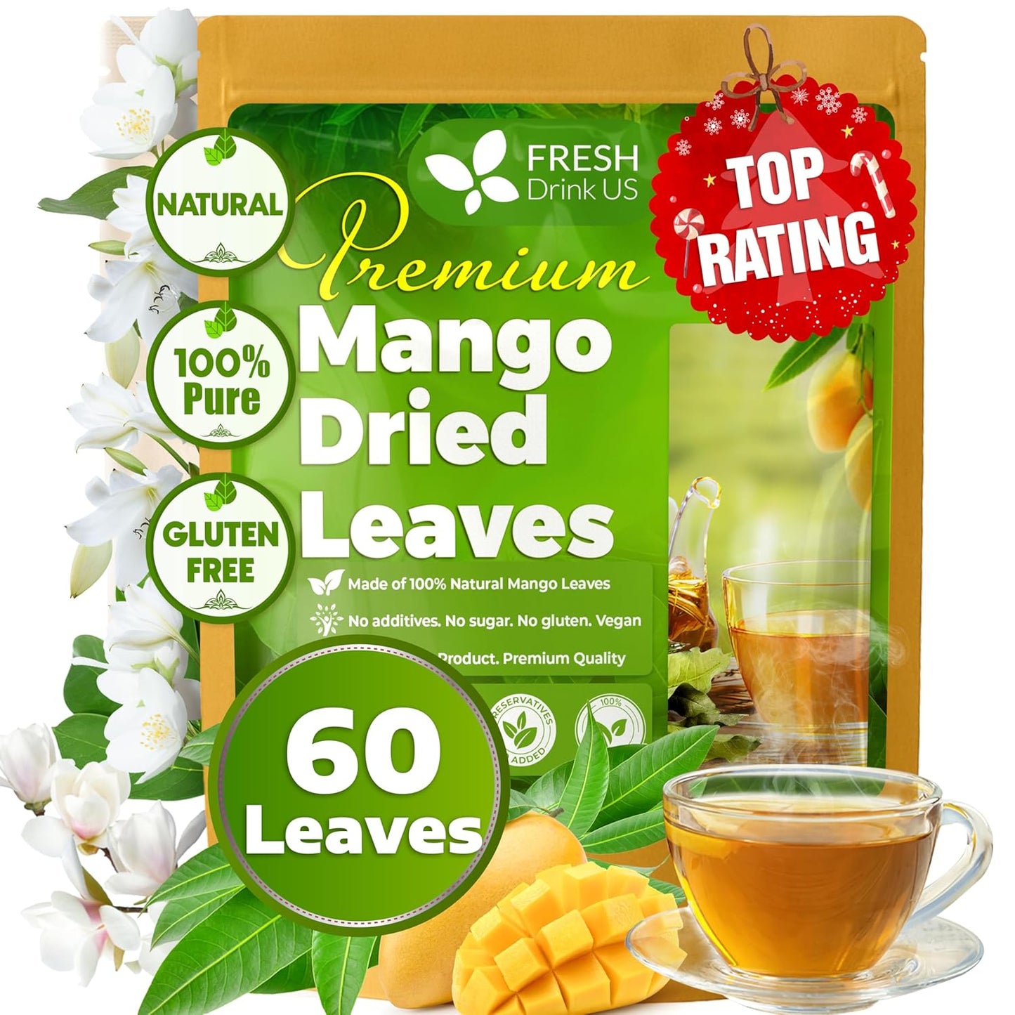 Mango Leaf, Whole Dried Leaves, Tea Bags, Powder, 100% Natural & Pure from Mango Leaves. Mango Dried Leaves. Loose Leaf Mango Herbal Tea. Mango Leaf Tea. No Sugar, No Caffeine, No Gluten, Vegan.
