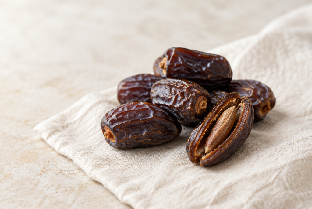 Medjool dates, one split to show the pit