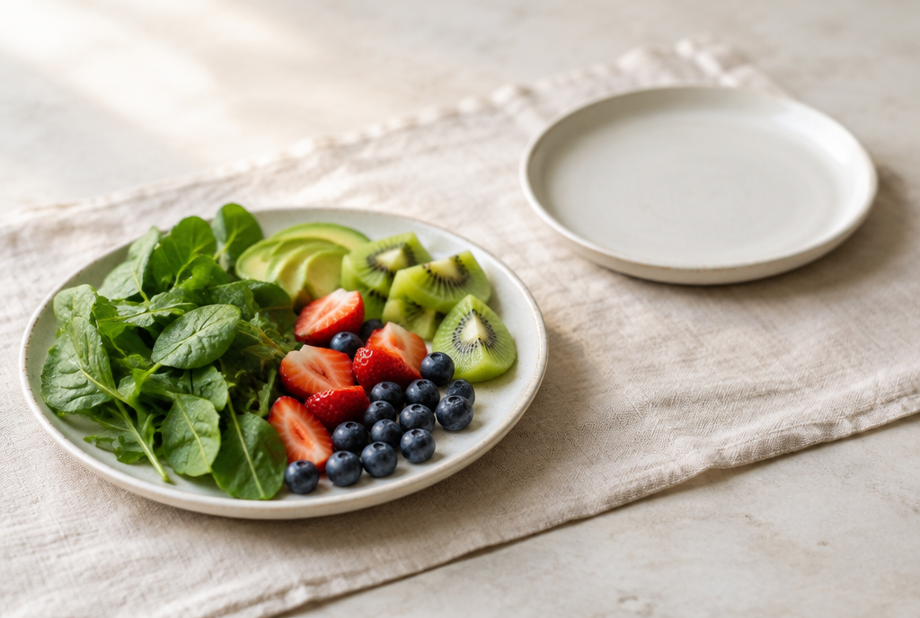 A plate of greens and fruit beside an empty plate