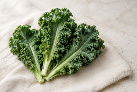 Curly kale leaves fanned out on linen
