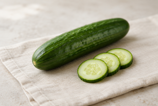 A whole cucumber beside three thin slices on linen