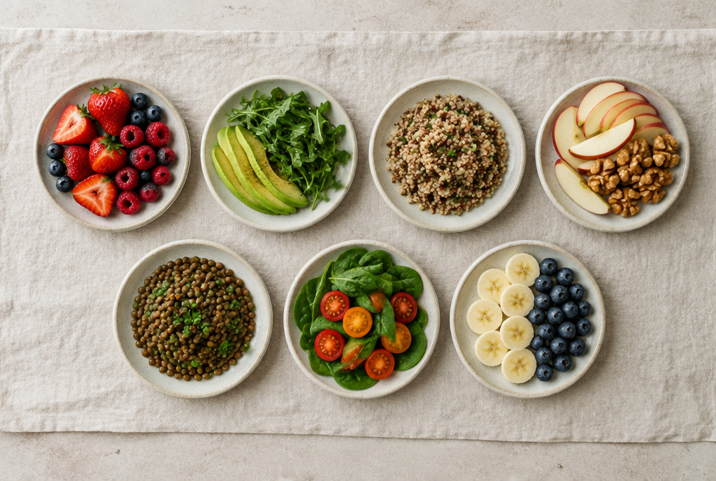 Seven small plates of plant food arranged in a grid