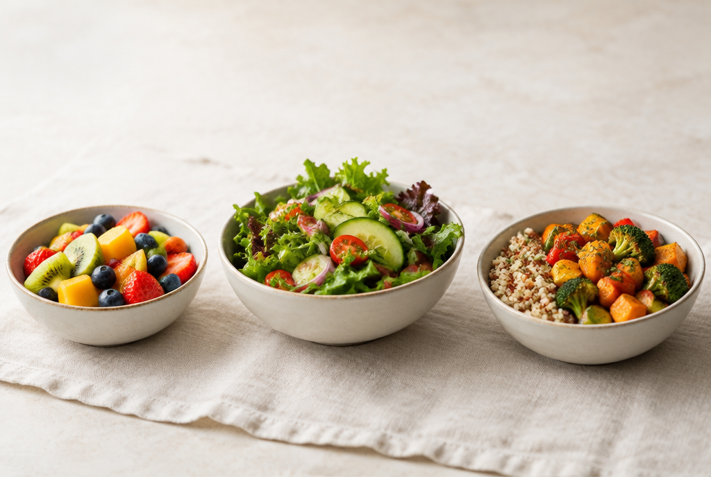 Three bowls: fruit, salad, and grain with vegetables