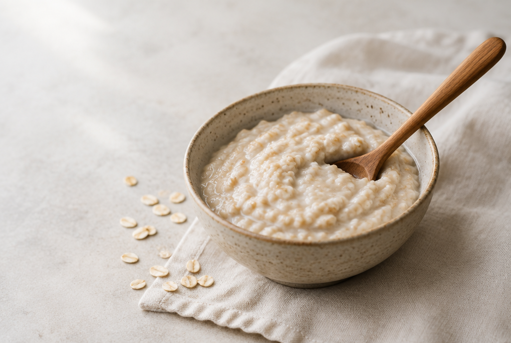 A bowl of porridge with a wooden spoon