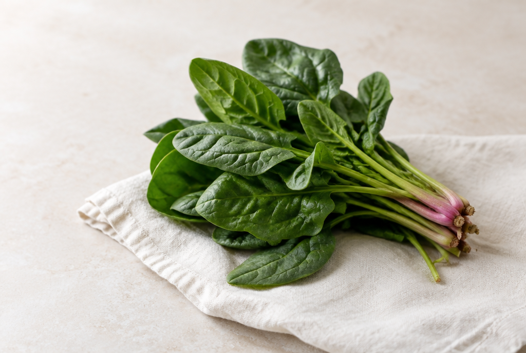 A bunch of fresh spinach leaves on linen