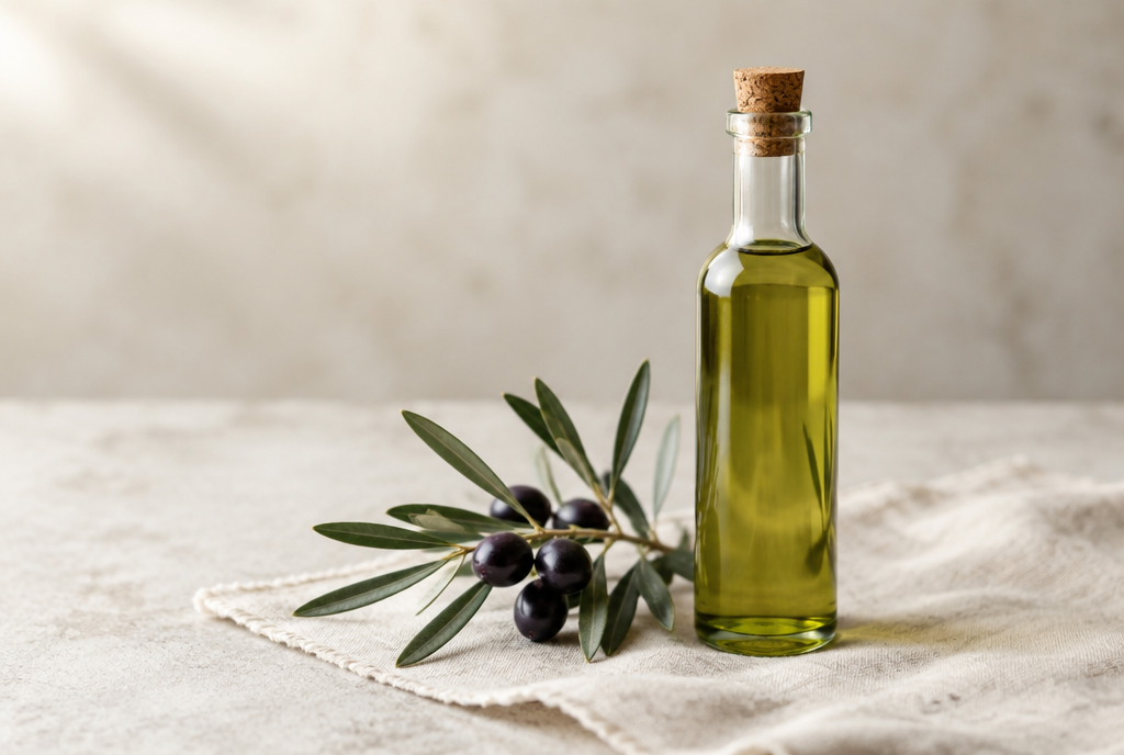 A glass bottle of olive oil with an olive branch