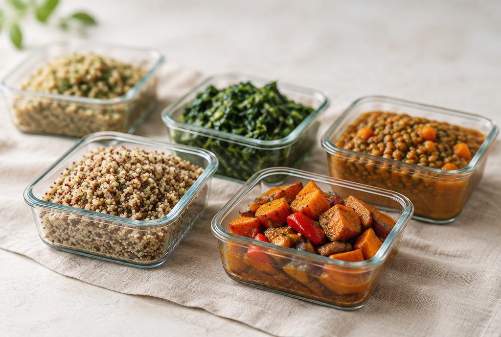Glass containers of batch-cooked grains and vegetables