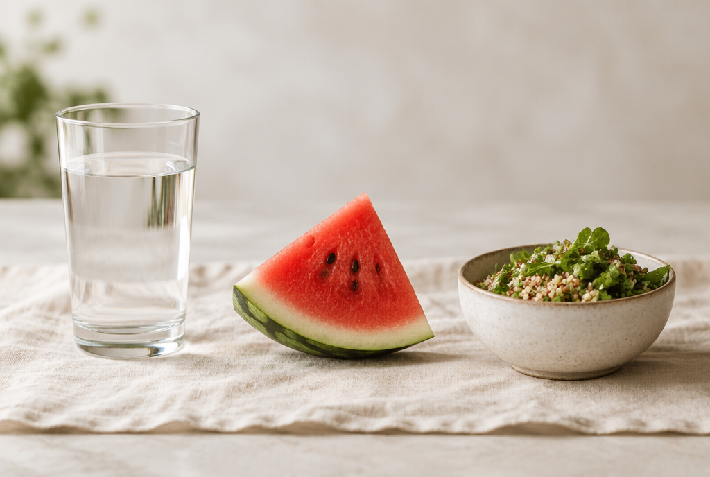 A glass of water, a wedge of watermelon and a bowl of greens in sequence