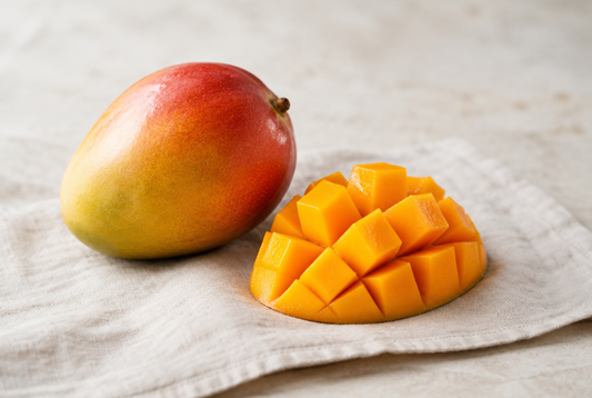 A whole mango beside a scored mango cheek