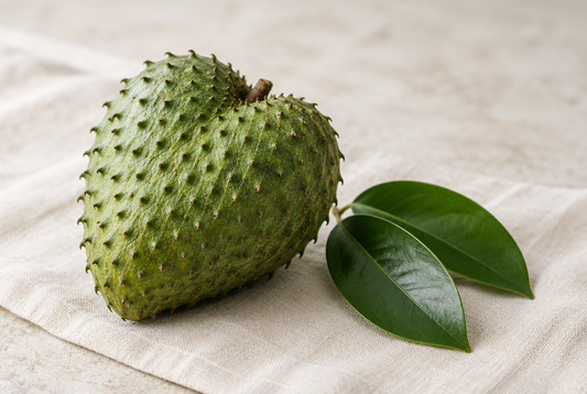 A whole spiky green soursop fruit beside two soursop leaves
