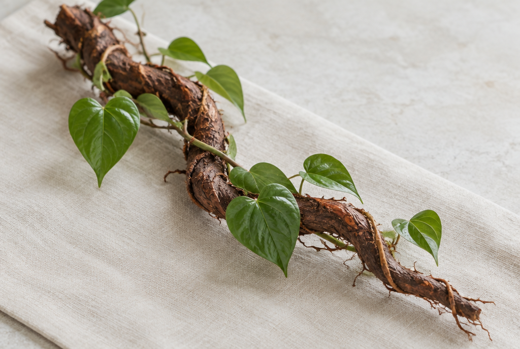 A sarsaparilla root with a climbing vine and heart-shaped leaves
