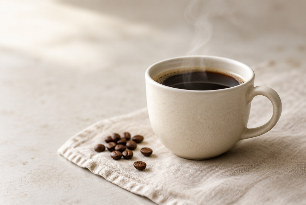 A ceramic cup of black coffee with roasted beans beside it