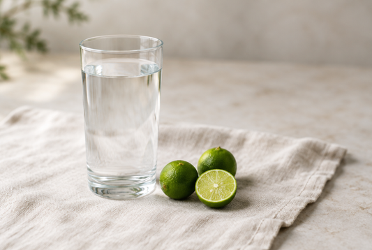 A glass of water with key limes beside it