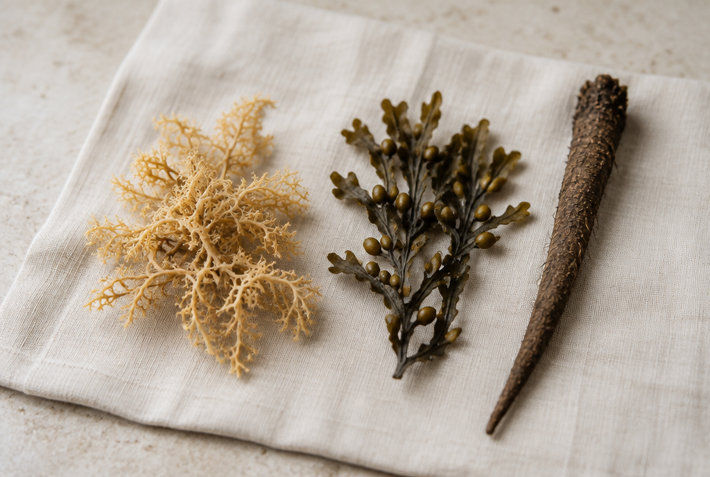 Sea moss, bladderwrack and burdock root side by side