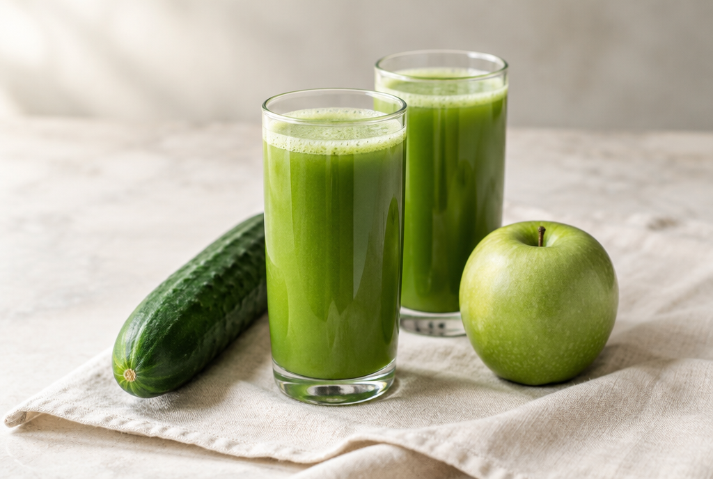 Two glasses of green juice with a cucumber and apple