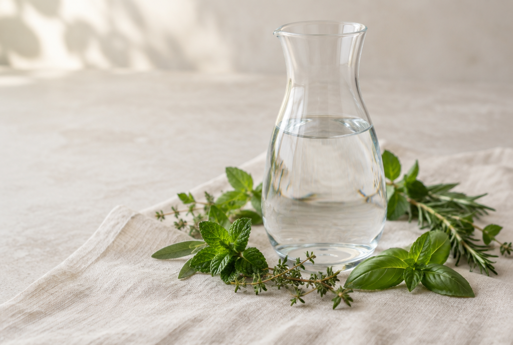 A glass carafe of water ringed by fresh green leaves