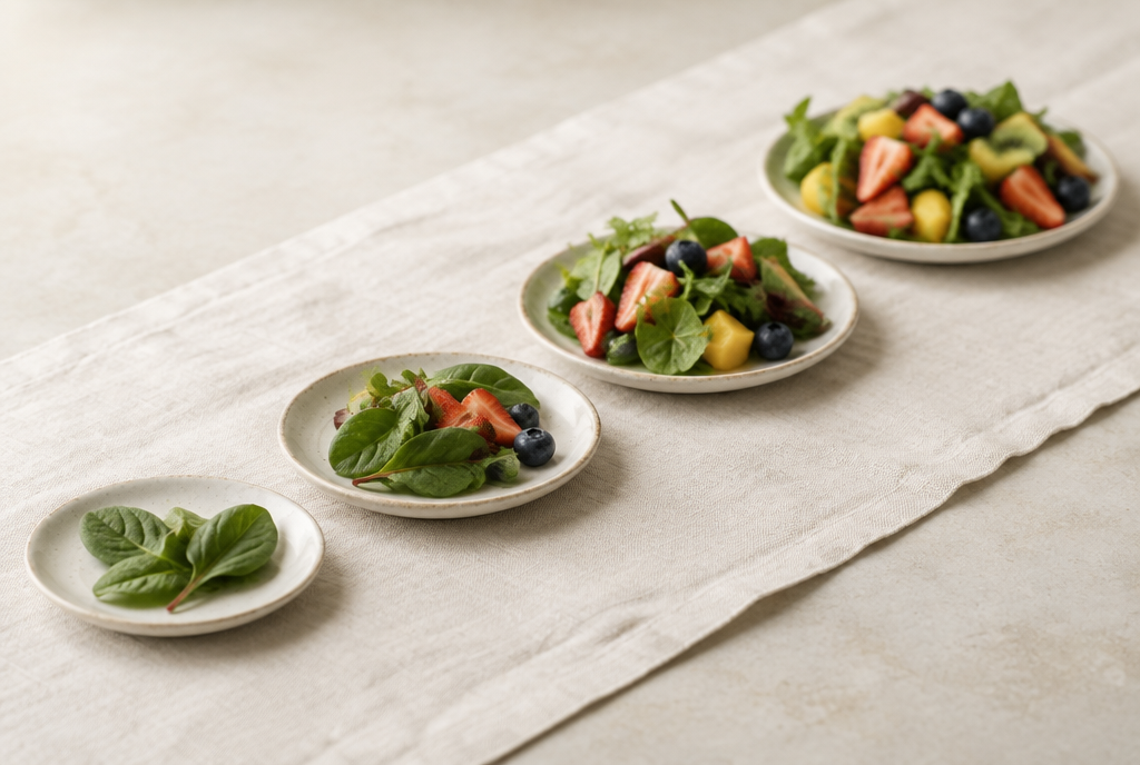 Four plates in an ascending line holding progressively more greens and fruit