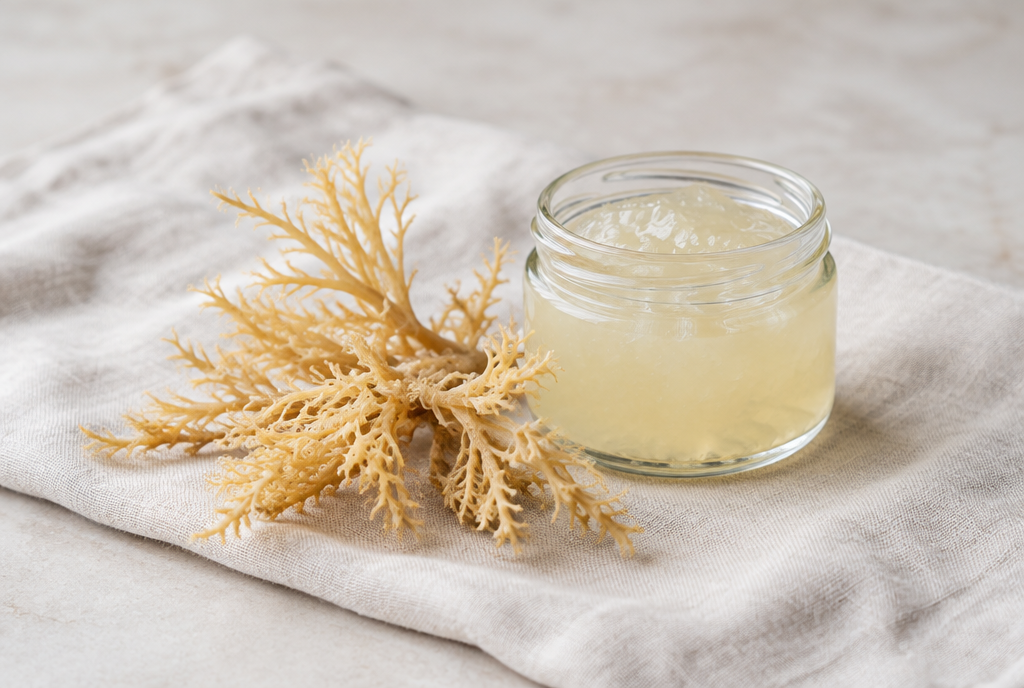 Dried sea moss beside a jar of sea moss gel
