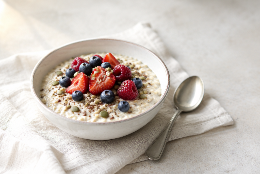 A breakfast bowl of grain porridge topped with berries and seeds