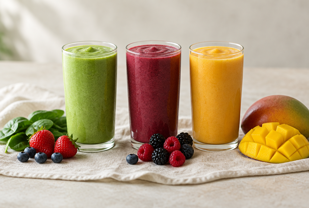 Three glasses of smoothie in green, berry and gold
