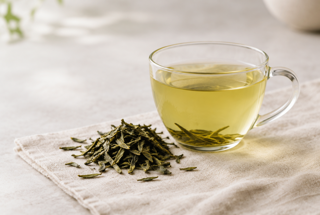 A glass cup of pale green tea with loose leaves beside it