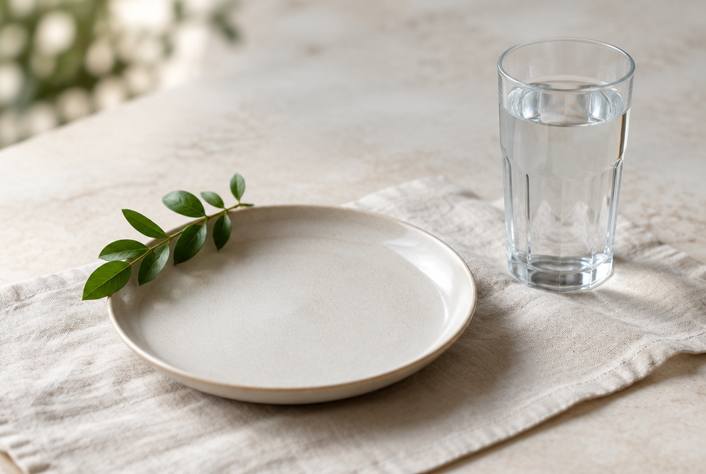 An empty plate and a glass of water with a sprig of leaves
