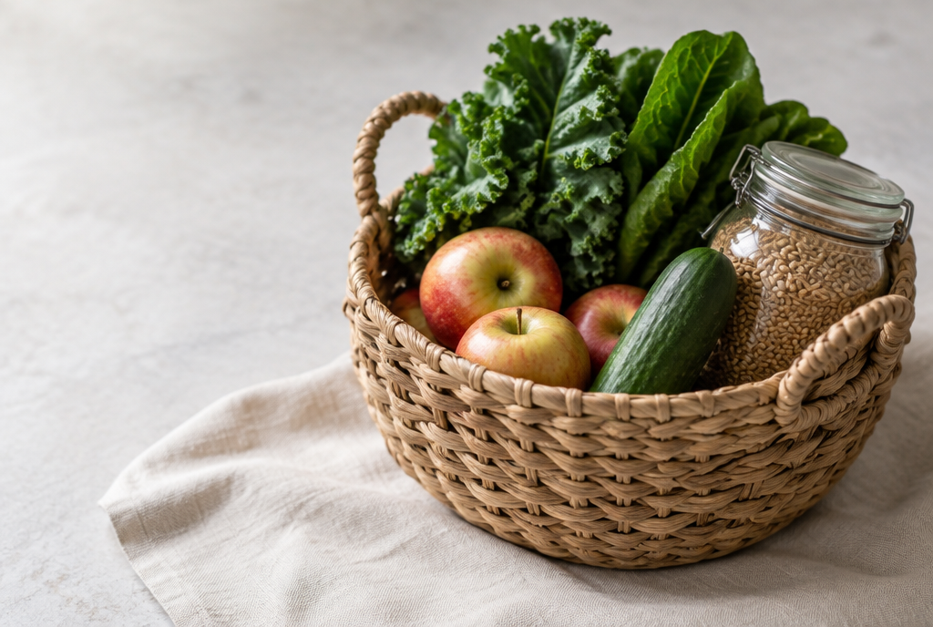 A woven shopping basket filled with greens, apples and grain