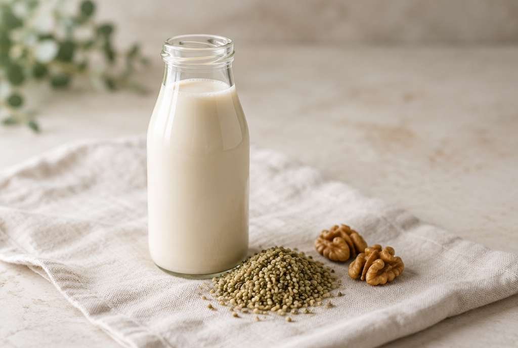 A bottle of plant milk with hemp seeds and walnuts