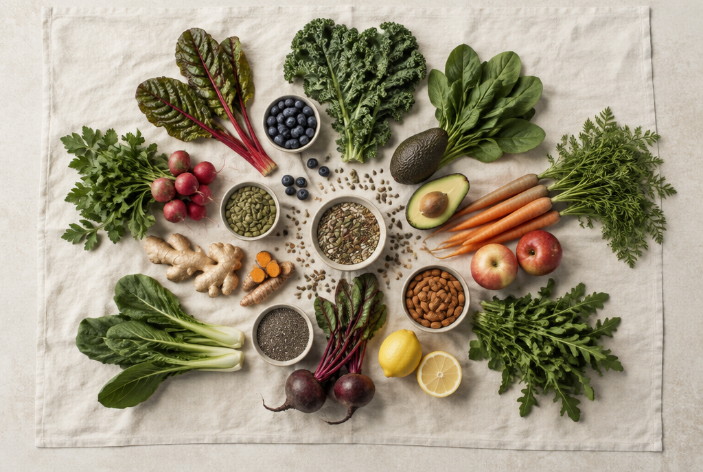 Greens, fruit, roots and seeds radiating from a central point