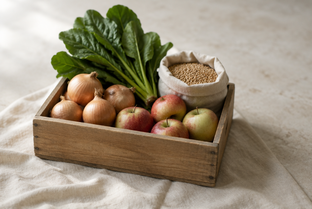 A wooden crate of onions, greens, grain and apples
