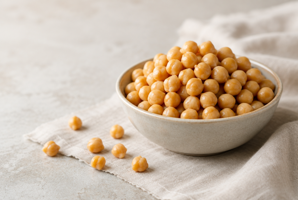 A bowl heaped with golden chickpeas
