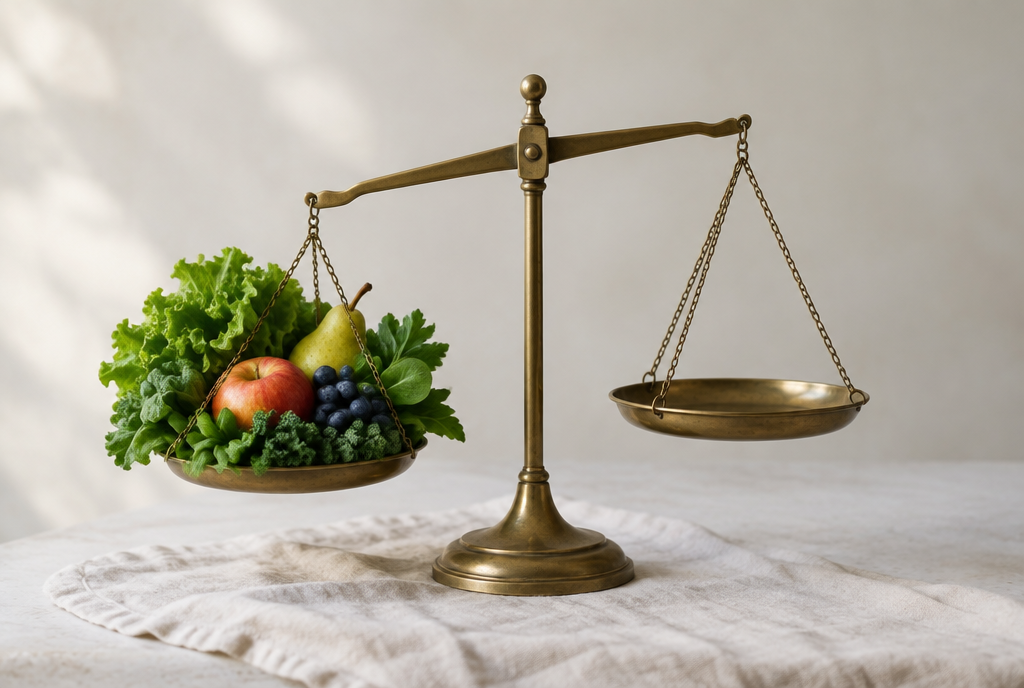 A balance scale with greens and fruit on one pan