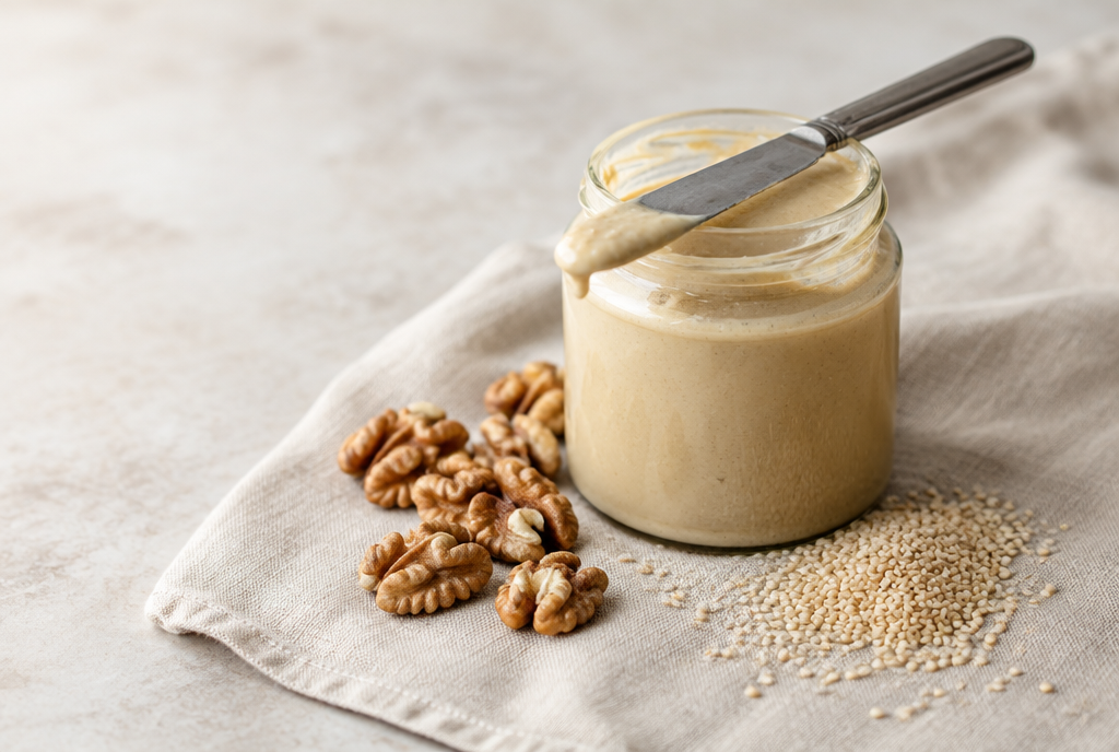 An open jar of sesame seed butter with walnuts and sesame seeds