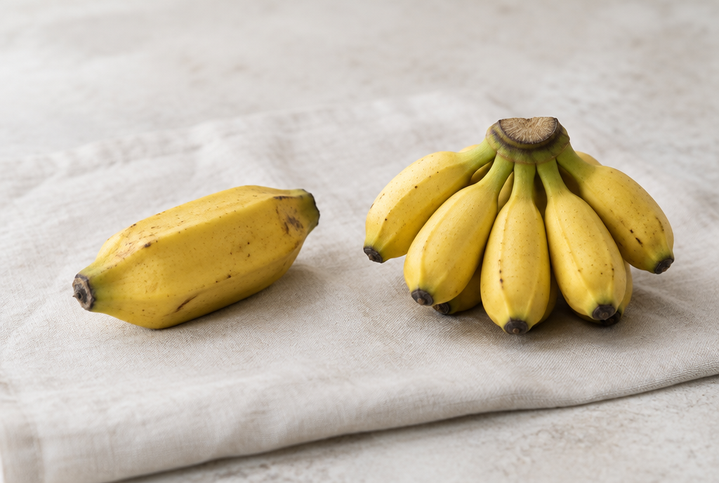 A burro banana beside a hand of baby bananas