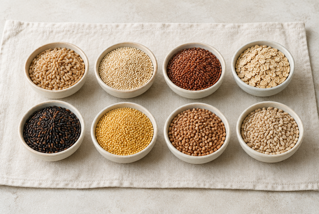 Eight bowls of different approved grains in two rows
