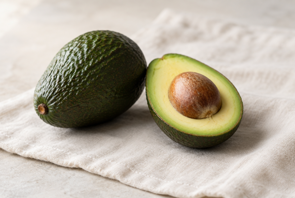 A whole avocado beside a halved avocado with its stone
