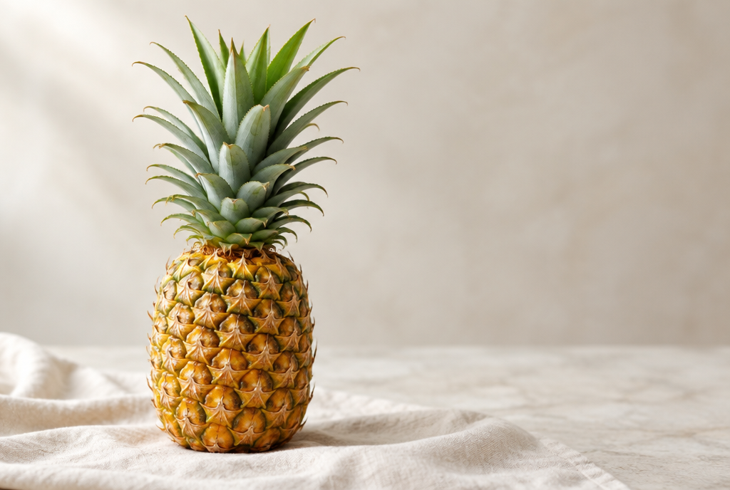 A whole pineapple with its green crown