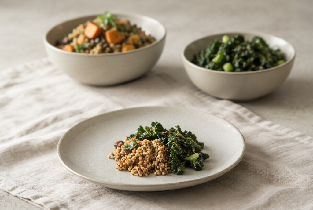 A small plate of greens and grain with fuller bowls behind