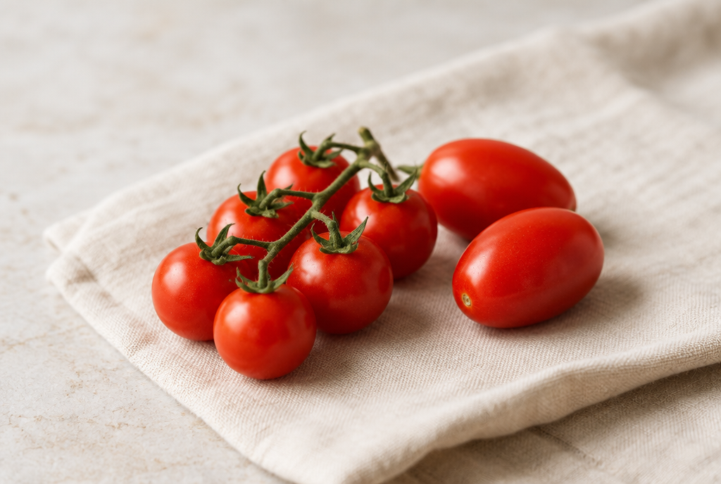 Cherry tomatoes on the vine beside two plum tomatoes