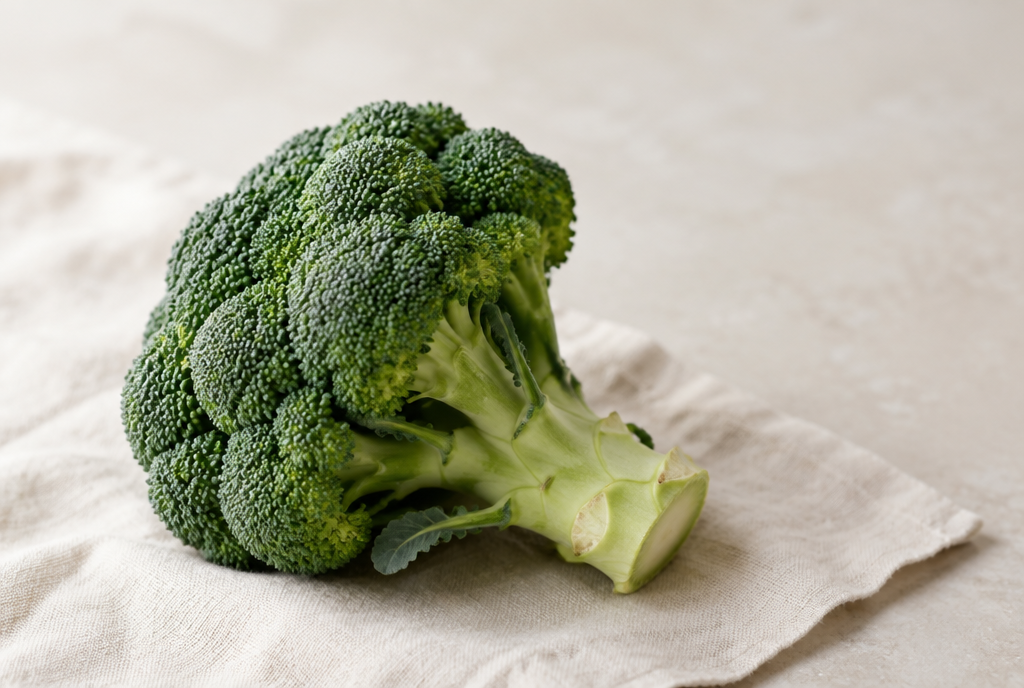 A single head of fresh green broccoli