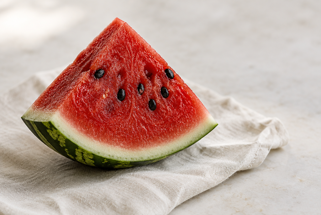 A wedge of seeded watermelon with visible black seeds