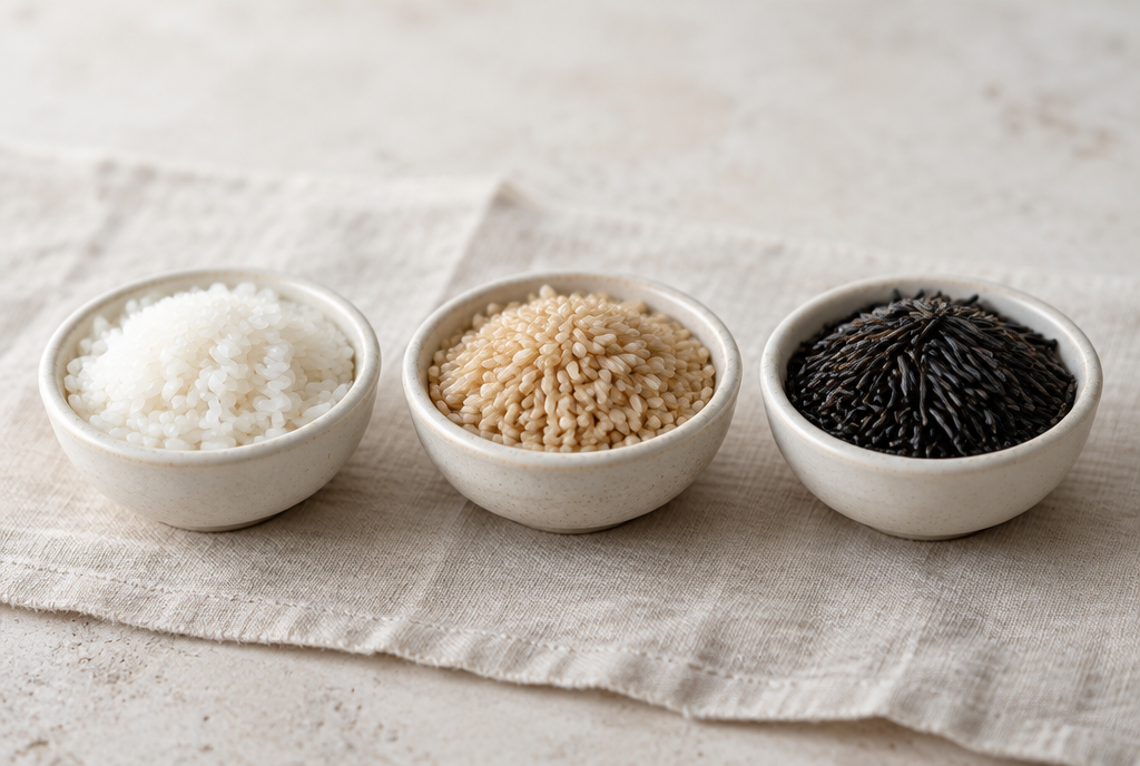 Three bowls of white rice, brown rice and wild rice