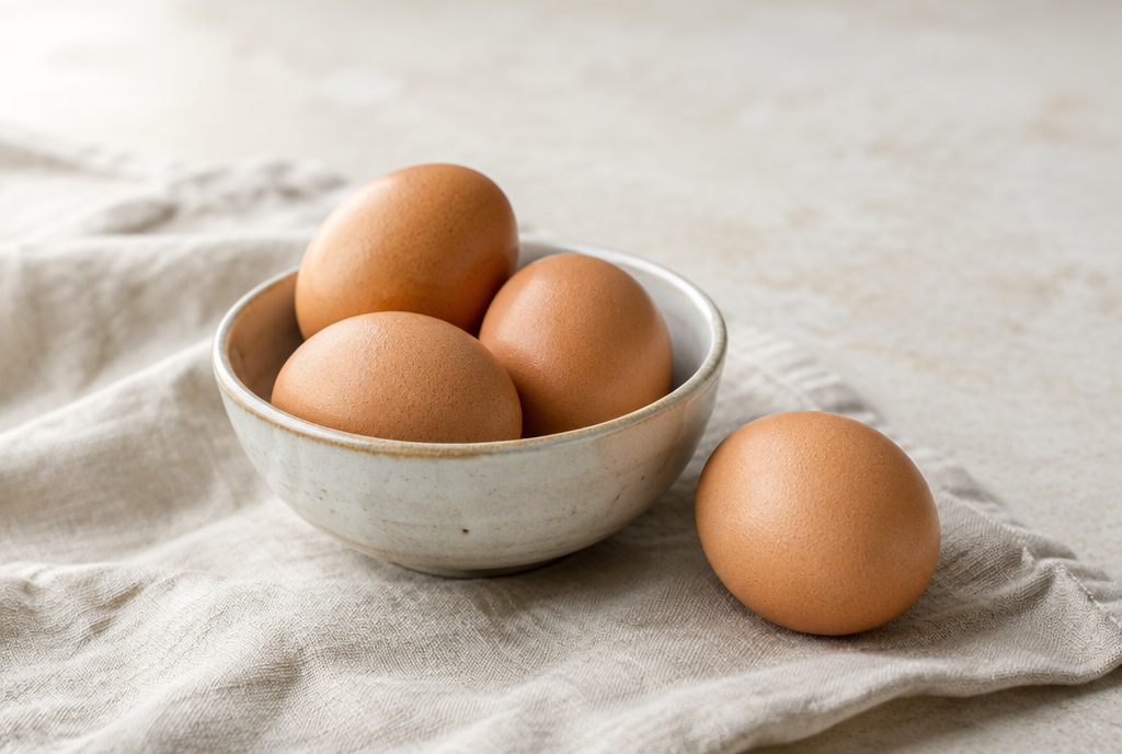 Brown hen eggs in a small ceramic bowl