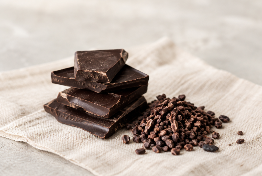 Broken squares of dark chocolate with cacao nibs