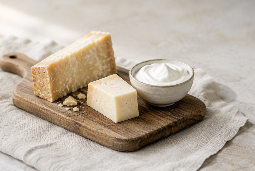 A wedge of hard cheese on a board with a bowl of yoghurt