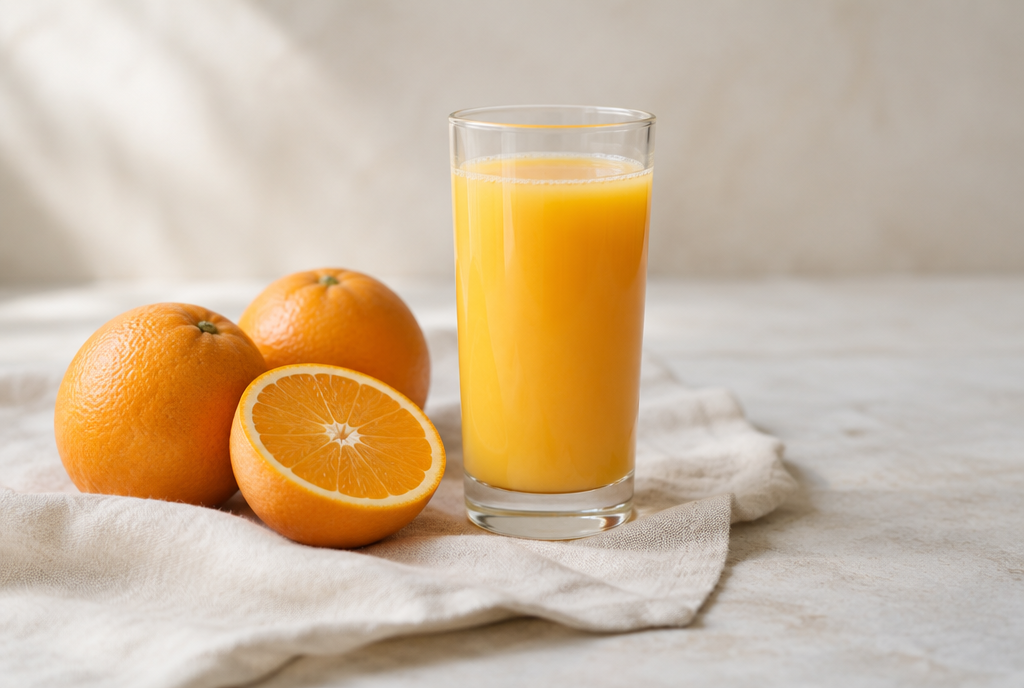 A glass of orange juice with whole oranges beside it
