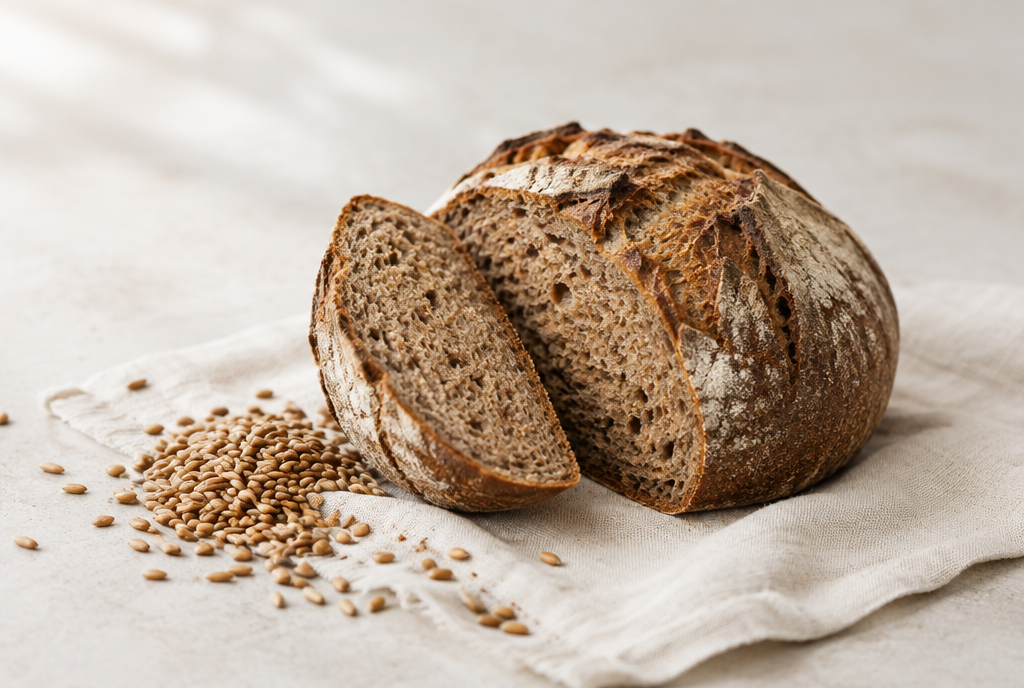 A rustic spelt loaf with a thick slice cut from it