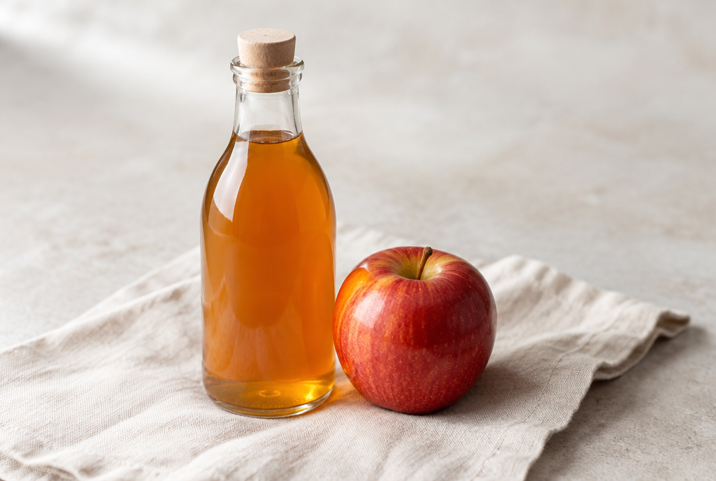 A bottle of apple cider vinegar with a red apple