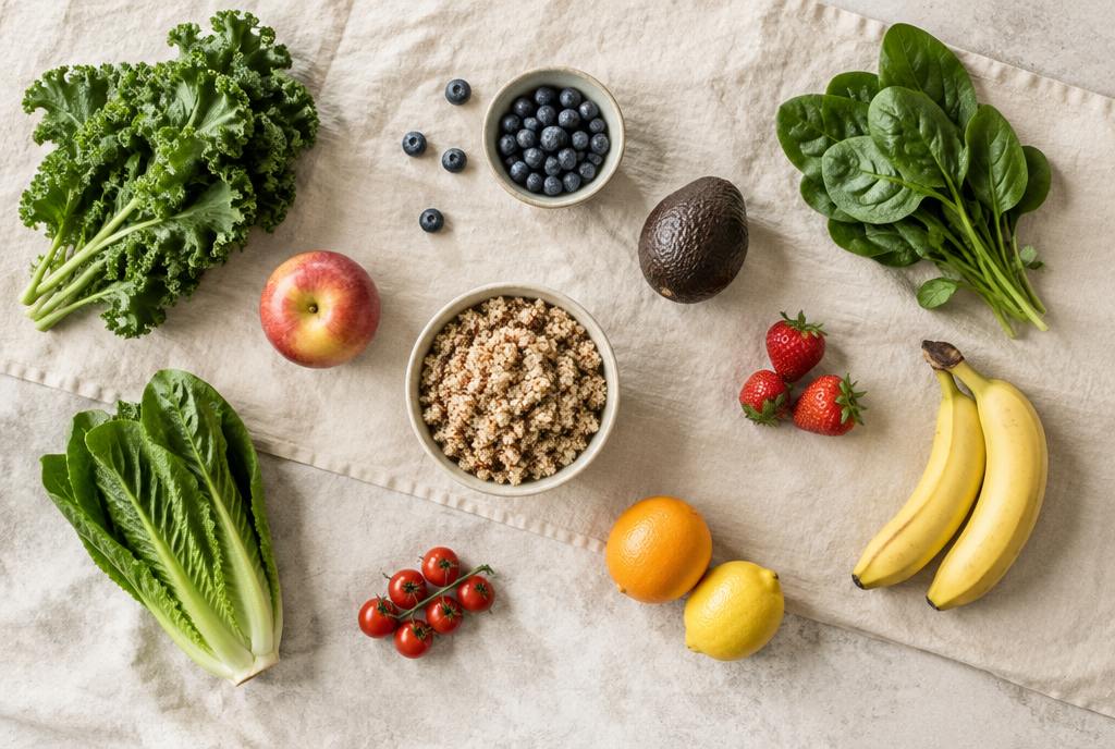 An overhead spread of leafy greens, fresh fruit and a bowl of grain