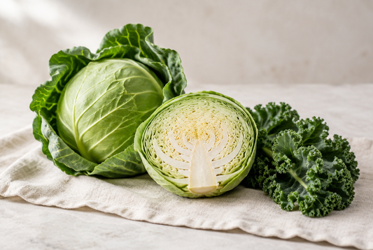 A whole green cabbage and a halved one beside a bunch of kale leaves on warm off-white linen